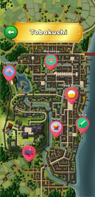 Illustrated town map screen with named locations to explore as you progress