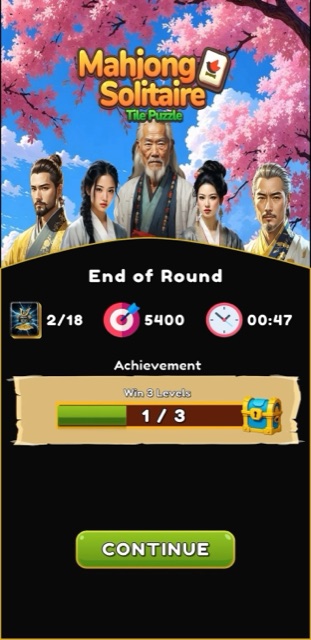 End of round summary screen celebrating a completed level with an achievement chest